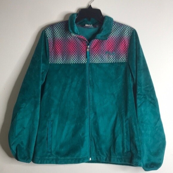 Retro FILA furry teal fleece with neon shoulder design size large - Picture 1 of 12